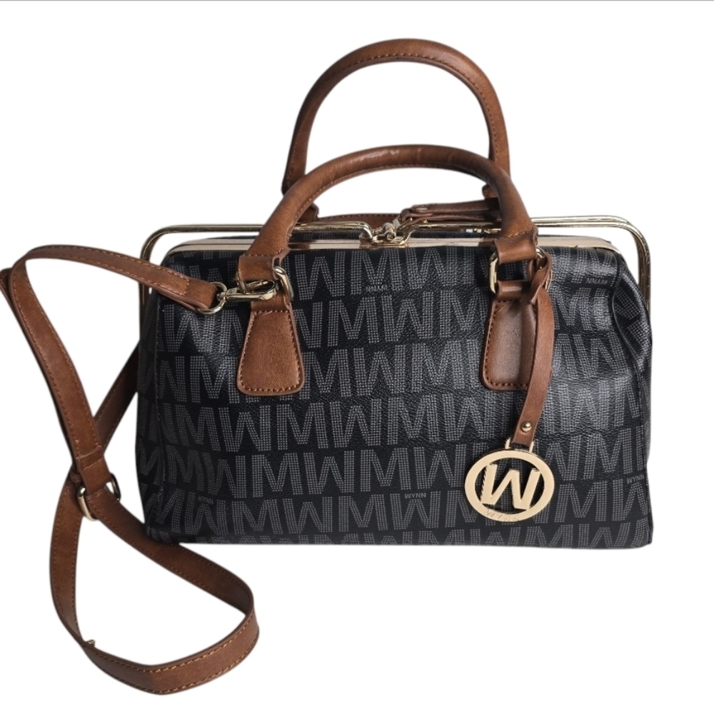Wynn Black Brown Handbag Crossbody Purse Gold Hardware